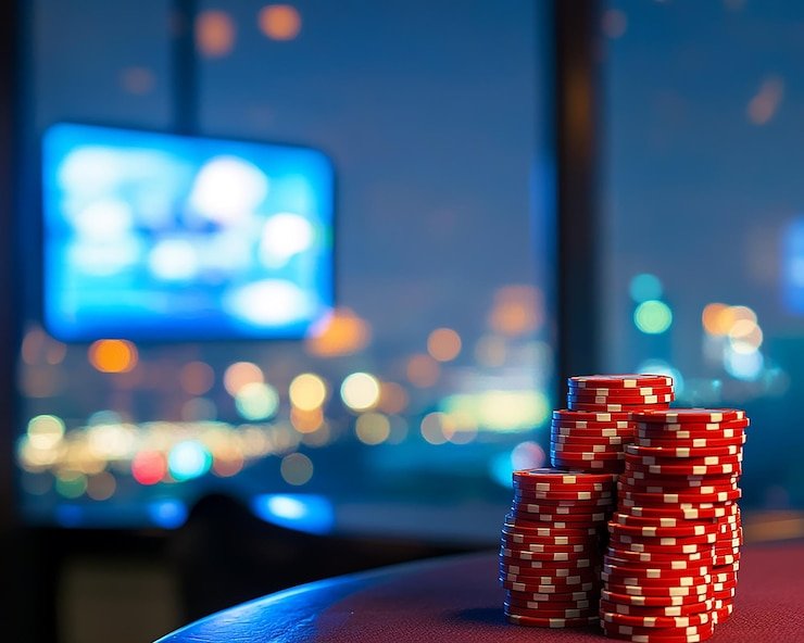 Meja blackjack dealer langsung chessboard dengan kartu terungkap dan chip taruhan